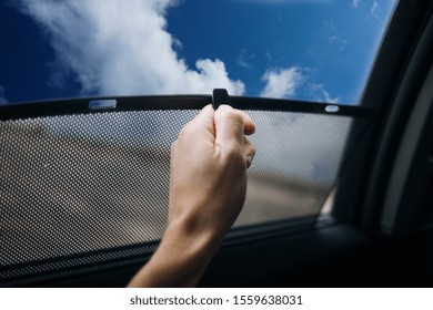 A Hand Holds Sun Shades On The Side Windows Of A Car. Mosquito Net In The Car.