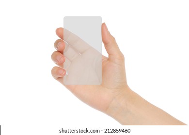 Hand Holds Transparent Card On White Background  