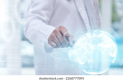 Hand, hologram and healthcare overlay with a doctor in the hospital for ai research on a 3d interface. World, metaverse and medical with a man medicine professional searching a global network - Shutterstock ID 2268777095