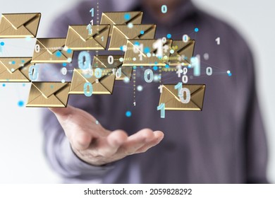 A hand hovering 3D render email icons with binary numbers