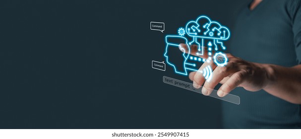 A hand hovers over a glowing cloud icon, interacting with a network of connections and a human head, symbolizing the concept of artificial intelligence and its integration with human thought.