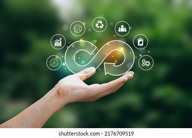 Hand of human holding circular economy icon, Circulating in an endless cycle, Business and world sustainable environment concept. - Shutterstock ID 2176709519