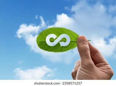 Hand of human is holding green leaf with circular economy icon, eternity endless and unlimited of energy for business model for environment sustainable concept.