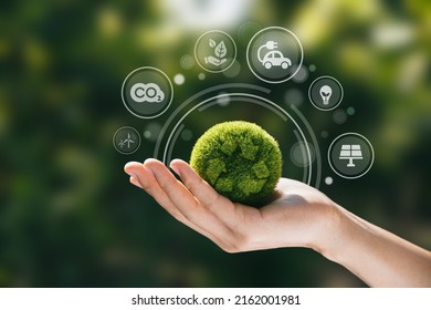 Hand Of Human Holding Green World With Environment Icon, Save World, Sustainable Environment Concept.