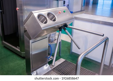 Hand Hygiene Station With Turnstile Gate And Sanitizer Before Entering Production Area. Infection Prevention, Disinfection, Industrial, Covid 19, Coronavirus Concept