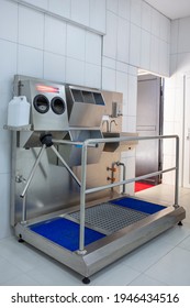 Hand Hygiene Station With Turnstile Gate And Sanitizer Before Entering Production Area. Infection Prevention, Disinfection, Industrial, Covid 19, Coronavirus Concept