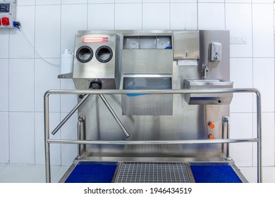 Hand Hygiene Station With Turnstile Gate And Sanitizer Before Entering Production Area. Infection Prevention, Disinfection, Industrial, Covid 19, Coronavirus Concept