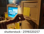 Hand inserting floppy disk into vintage computer with background showing another computer monitor displaying a blue screen. Scene capturing nostalgia of retro technology