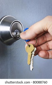 Hand Inserting Keys In Door Lock Close Up