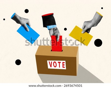 A hand inserts a ballot into a ballot box. Creative art collage.