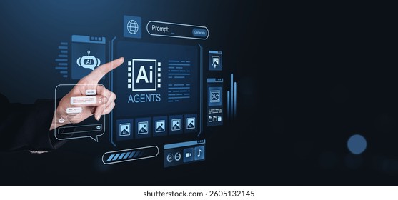 Hand interacting with AI agent interface featuring futuristic holographic elements on dark background. Concept of artificial intelligence and automation