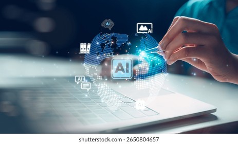 Hand interacting with AI digital globe on laptop keyboard. Concept of artificial intelligence assistant, smart automation, data processing, and machine learning in communication tools.