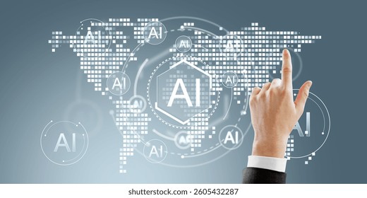 Hand interacting with AI digital interface on a futuristic world map background, featuring a cyber-style design with glowing elements and data symbols