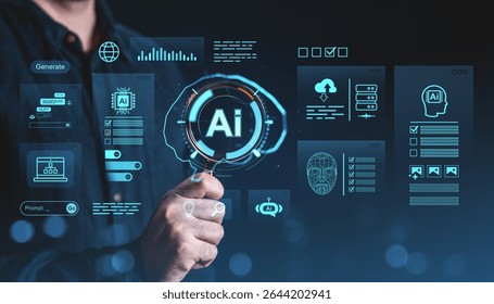 Hand interacting with AI interface holograms showing automation, data processing, and business technology on a dark blue futuristic background