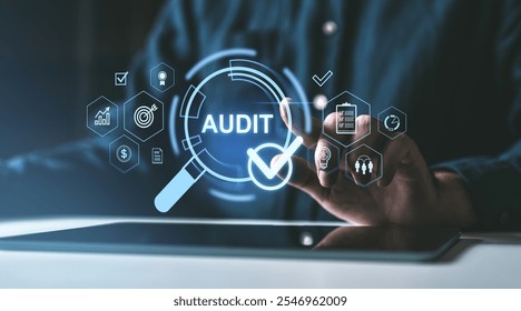 Hand interacting with audit icons on a digital interface, featuring checkmarks and graphs on a dark background. Concept of quality assurance - Powered by Shutterstock - Get 15% off with code: PIKWIZARD15