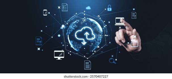 Hand interacting with cloud storage icons, digital connections, and a glowing globe on a dark background. Concept of global file sharing