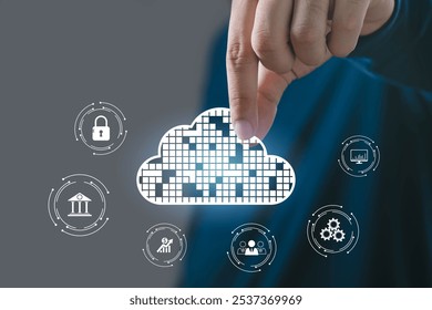 A hand interacting with a cloud symbol, representing digital technology, data security, and cloud computing innovation.