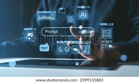 Hand interacting with a digital AI interface for prompt generation, featuring holographic UI elements, on a dark futuristic background, symbolizing technology