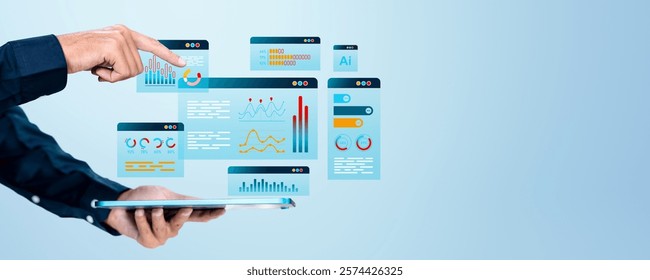 Hand interacting with digital analytics interfaces on a modern tablet, blue background, concept of technology and data visualization