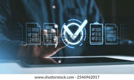 Hand interacting with digital checkboxes and checkmarks on a dark background, symbolizing project approval and quality management