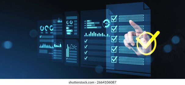 Hand interacting with a digital checklist interface showing charts and data graphics in a futuristic style on a dark background, concept of technology efficiency