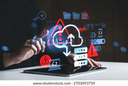 Hand interacting with digital cloud error warnings, futuristic interface style, dark background, concept of online storage risk and cybersecurity issues