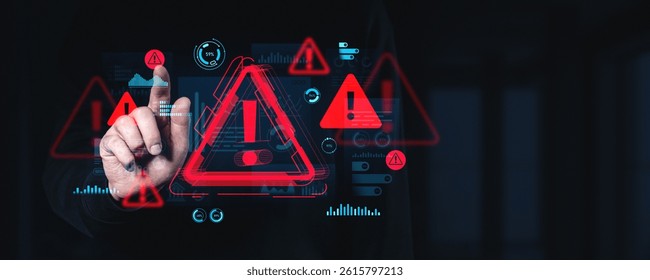 Hand interacting with digital cybersecurity alert interface, futuristic graphic style, dark tech background, concept of data breach or cyber threat - Powered by Shutterstock - Get 15% off with code: PIKWIZARD15