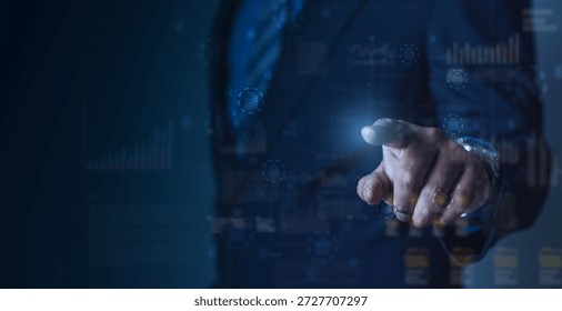 Hand interacting with digital data flow interface showing cloud networks, databases, and analytics connections, representing big data processing, cloud computing, and enterprise data visualization.
