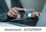 Hand interacting with digital education interface on laptop, e-learning platform, online courses, virtual library, academic resources, modern education technology and digital study systems.