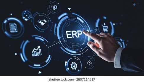 A hand interacting with a digital ERP interface in a futuristic style on a dark background illustrating modern enterprise system integration - Powered by Shutterstock - Get 15% off with code: PIKWIZARD15