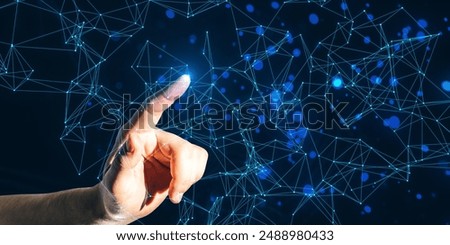 A hand interacting with digital geometric shapes on a dark blue background, expressing a concept of connectivity and technology