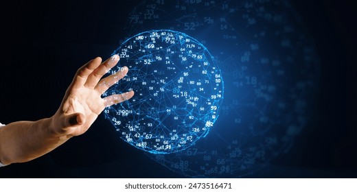 A hand interacting with a digital holographic globe with numerical data, on a dark blue technology-inspired background, concept of global digital connectivity