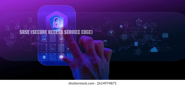 A hand interacting with a digital interface labeled “SASE (Secure Access Service Edge)” representing cybersecurity and cloud-based network access.