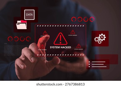 Hand interacting with digital interface showing system hacked warning, cybersecurity alerts. Concept of cyber attack, hacking threat, information security risk, network protection, technology defense.