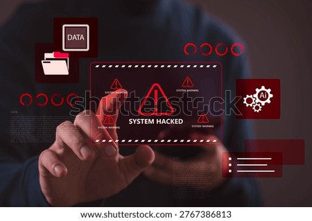 Hand interacting with digital interface showing system hacked warning, cybersecurity alerts. Concept of cyber attack, hacking threat, information security risk, network protection, technology defense.