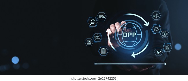 Hand interacting with digital product passport interface and technology icons on dark background, concept of secure data and traceability