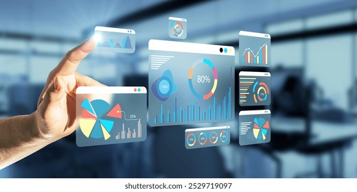 A hand interacting with financial data graphs on a digital interface, set against a blurred office background