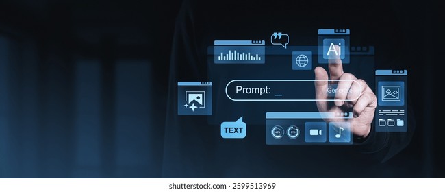 Hand interacting with futuristic AI prompt generation interface, holographic digital elements floating in space, depicting artificial intelligence and technology concepts