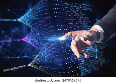 A hand interacting with futuristic digital data streams on a dark background, representing the concept of big data and cloud technology - Powered by Shutterstock - Get 15% off with code: PIKWIZARD15