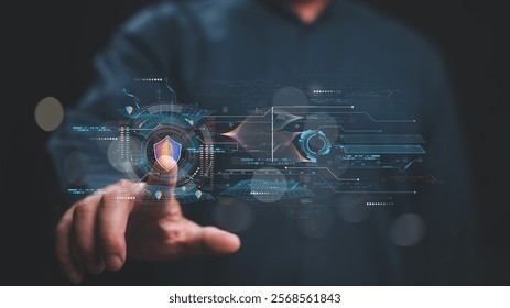 The hand interacting with futuristic digital interface, highlighting themes of cybersecurity and advanced technology in sleek, modern design