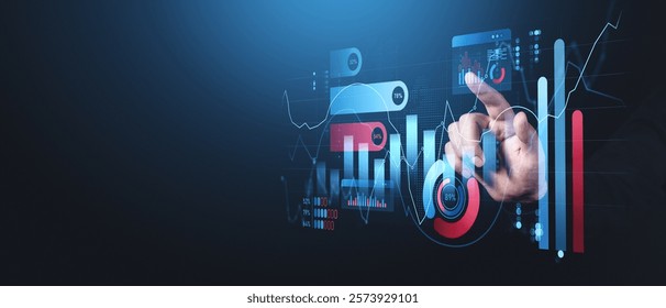 Hand interacting with a futuristic financial interface displaying charts, graphs, and percentages on a dark blue gradient background, concept of trading