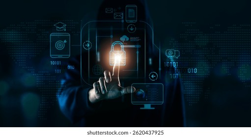 Hand interacting with a glowing padlock icon, surrounded by data visualizations, binary code, Digital security, secure access, data protection and cybersecurity concept