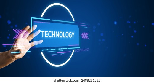 Hand interacting with a glowing technology interface with digital elements on a blue background. Concept of futuristic innovation and tech
