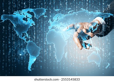 Hand interacting with a glowing world map hologram and binary code on a digital blue background, representing global technology and networks - Powered by Shutterstock - Get 15% off with code: PIKWIZARD15