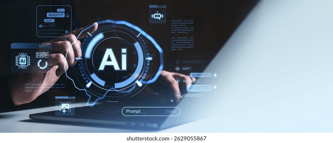 Hand interacting with holographic AI interface above laptop, digital futuristic style, dark background, concept of artificial intelligence - Powered by Shutterstock - Get 15% off with code: PIKWIZARD15
