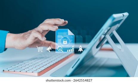 Hand interacting with a secure digital document icon on a tablet, emphasizing cybersecurity, data protection and online information management. Business solutions for secure access and privacy - Powered by Shutterstock - Get 15% off with code: PIKWIZARD15