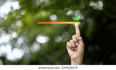 Hand interacting with a sustainability progress indicator showing ESG performance improvement and environmental responsibility. Concept of sustainable development, green transformation, net zero goals, climate action, and corporate sustainability strategy.