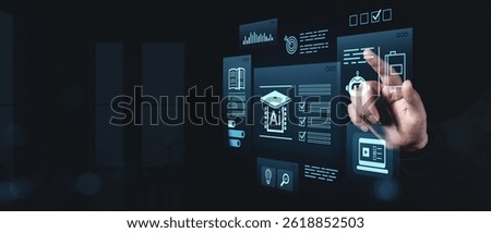 Hand interacting with transparent digital interface showing AI education icons, modern flat graphic style, on dark background, concept of e-learning tech
