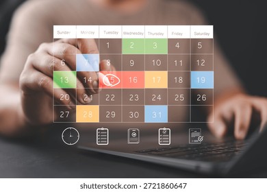 Hand interacting with a virtual calendar interface, symbolizing scheduling, time management, task planning, productivity, digital agendas, reminders, and project timelines.