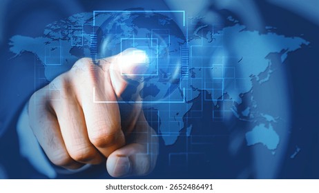 Hand Interacting with Virtual Global Interface on Blue World Map Background